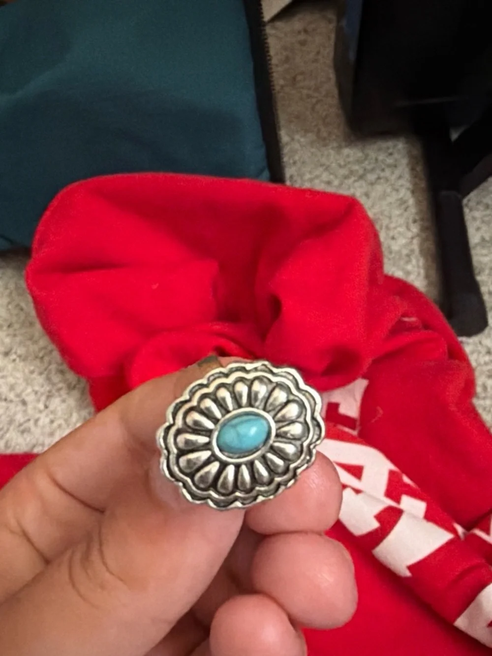 Turquoise Center Silver Floral Ring - Women Jewelry